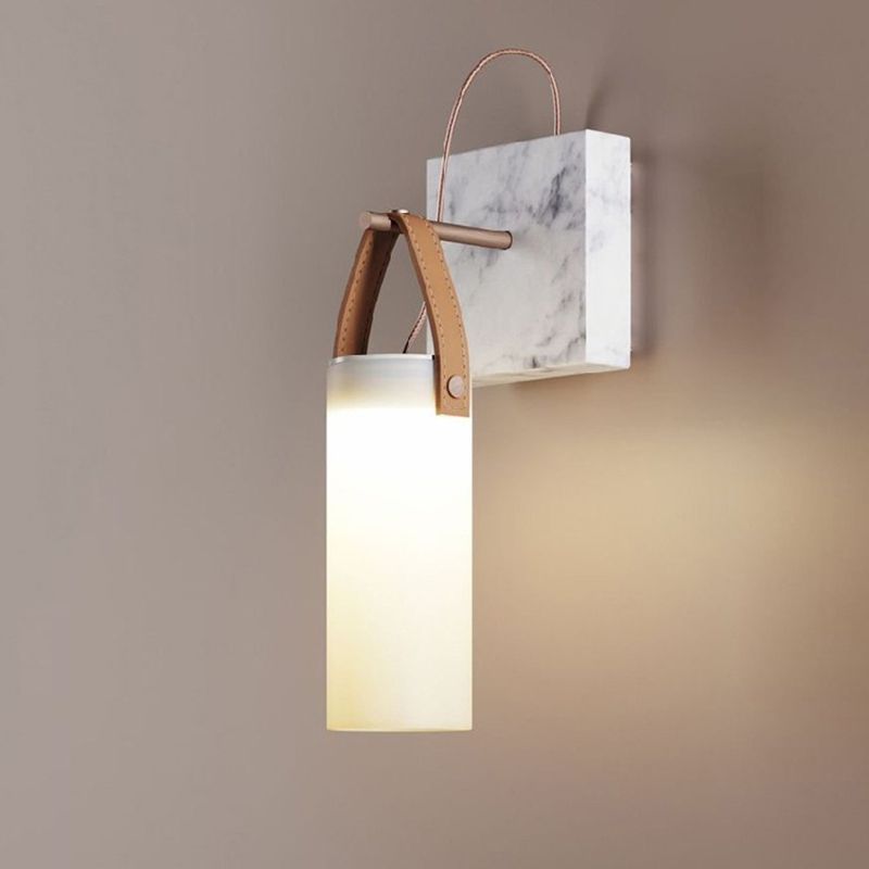 Cylinder Bedside Wall Hanging Light White Glass Nordic LED Wall Light with Leather Strap