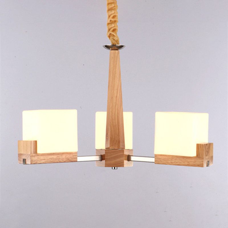 Modern Singularity Radial Pendant Light Wooden Indoor Chandelier with White Frosted Glass Shade