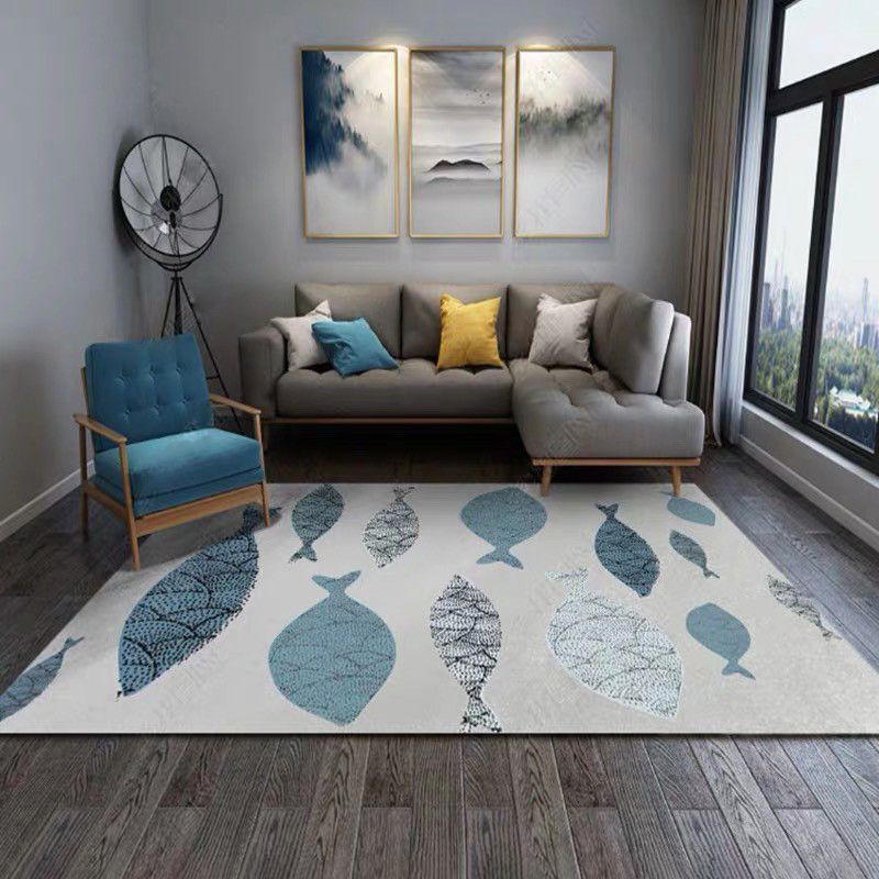 Blue Tone Modern Indoor Rug Polyester Plant Print Carpet Easy Care Rug for Home Decoration