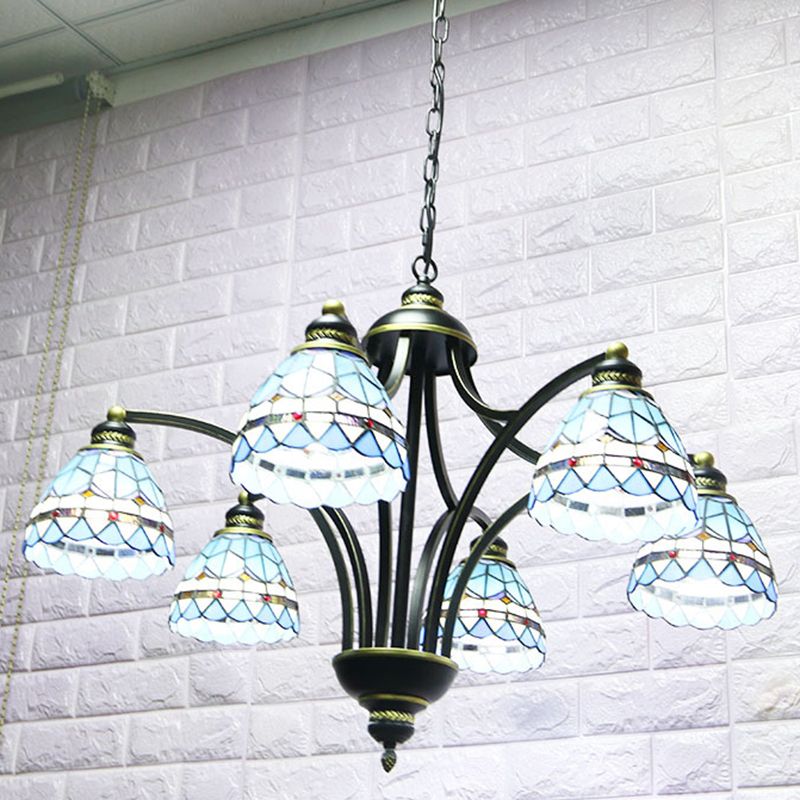Lampadario in vetro blu color tiffany tiffany a 6 luci 2 23,5 ", ampio soggiorno appeso alla catena regolabile
