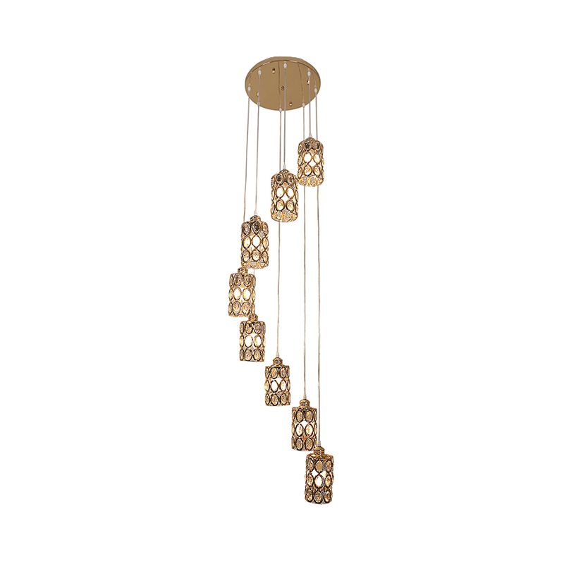 8 Heads Hanging Lamp Contemporary Stair Multi Light Pendant with Cylinder Crystal Shade in Gold