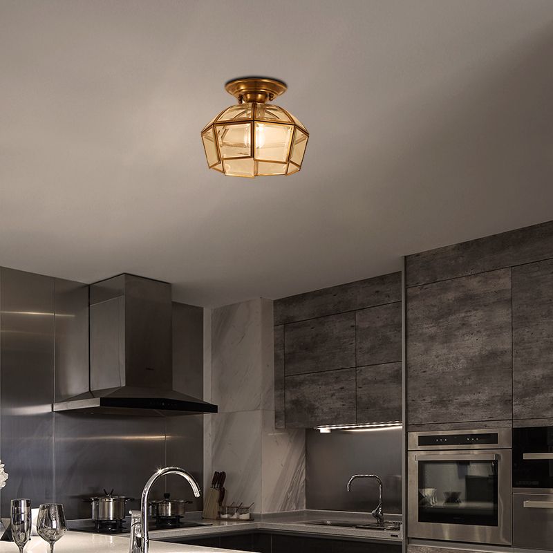 Colonialist Beveled Ceiling Mounted Light 1 Bulb Clear Glass Flush Mount Light Fixture in Brass