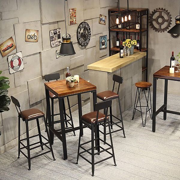 Industrial 1/3/4/5 Pieces Bar Table Set Square Pine Wood Counter Table with High Stools