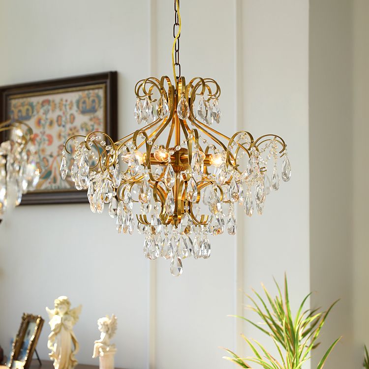 Brass Scrolls Chandelier Pendant Countryside Crystal Dining Room Hanging Light
