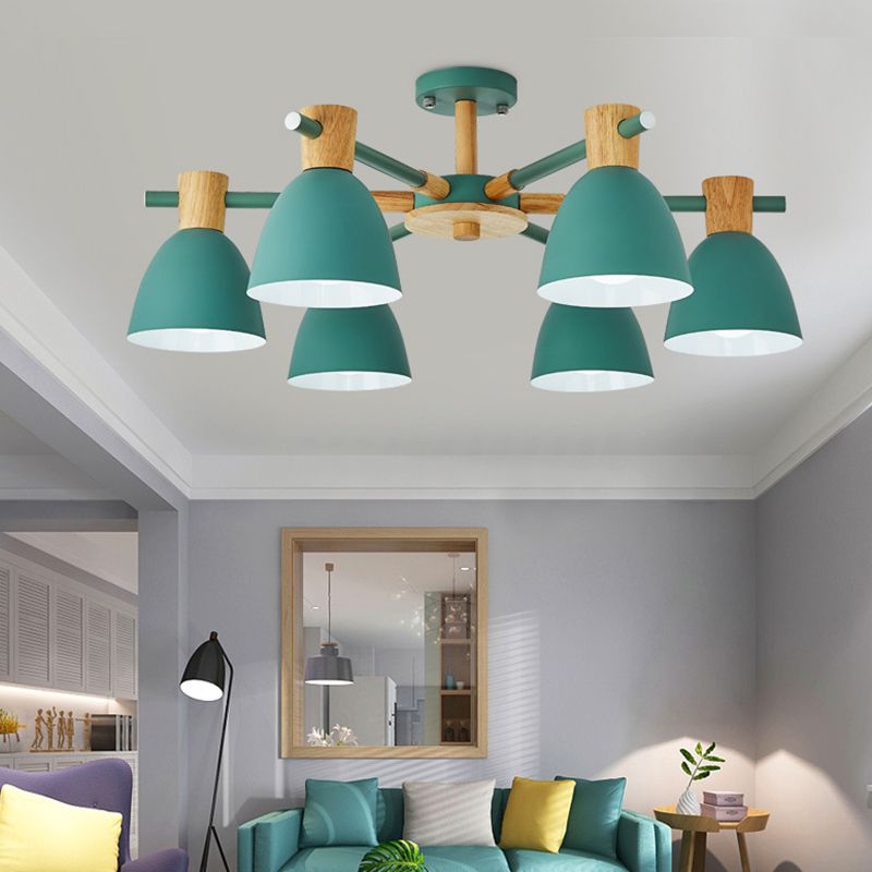 Nordic Style Chandelier Bell Shade Wooden Ceiling Light Fixture for Living Room