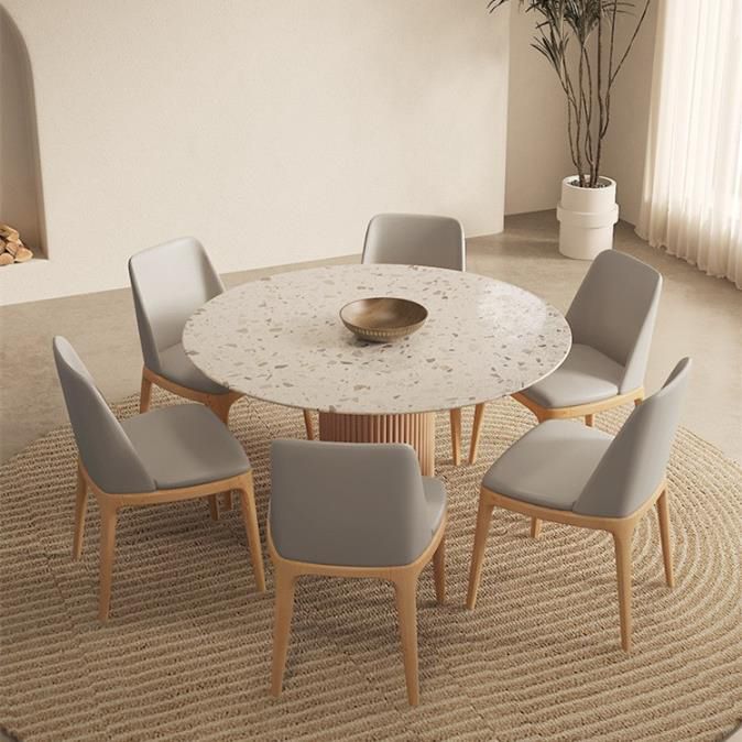 Round Dining Table Modern Stone Top Dining Table with Solid Wood Base