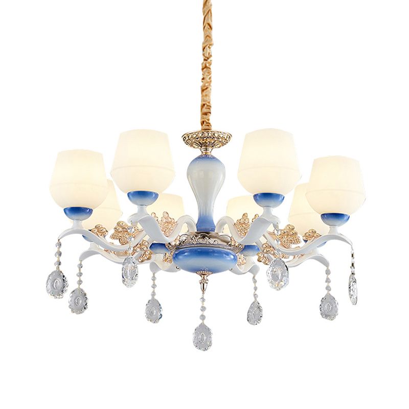 Moderne taps toelopende hangers kroonluchter 8 bollen ivoorglas kristal suspensie licht in blauw en wit