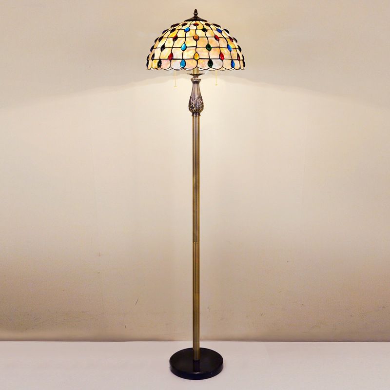 Luce del pavimento di lettura con perline di conchiglia Mediterranea 2 luci Luce al pavimento bianco con tonalità a cupola a griglia