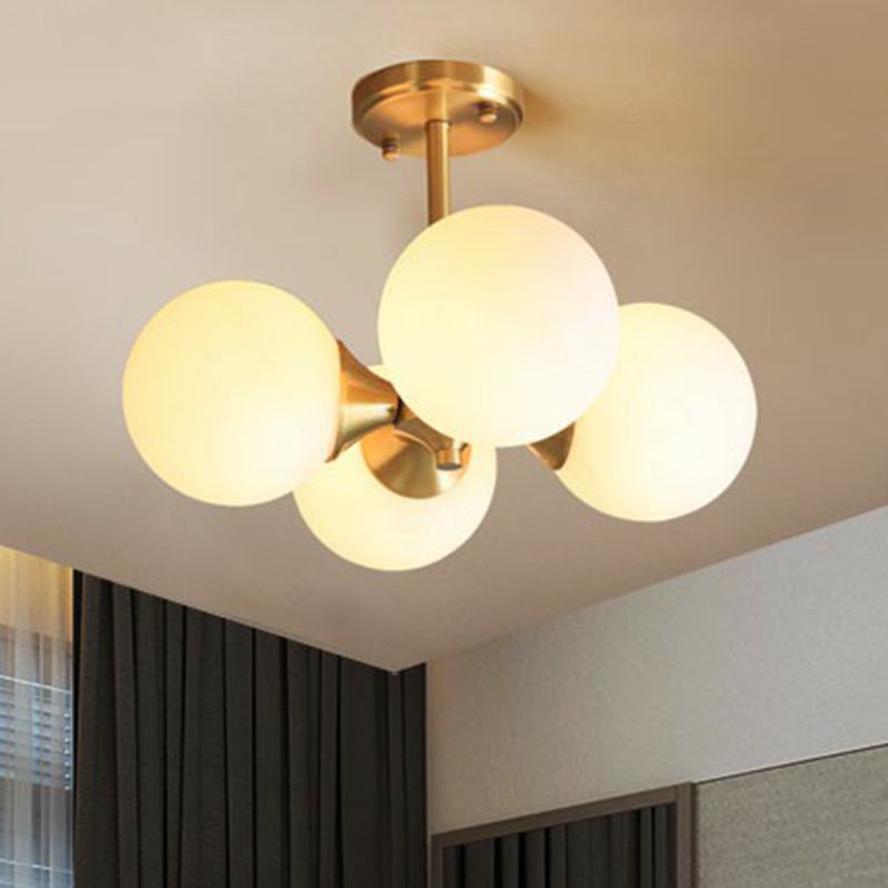 Brass Globe Flush Mount Lighting Postmodern 4 Heads Opal Glass Semi Flush Light for Bedroom