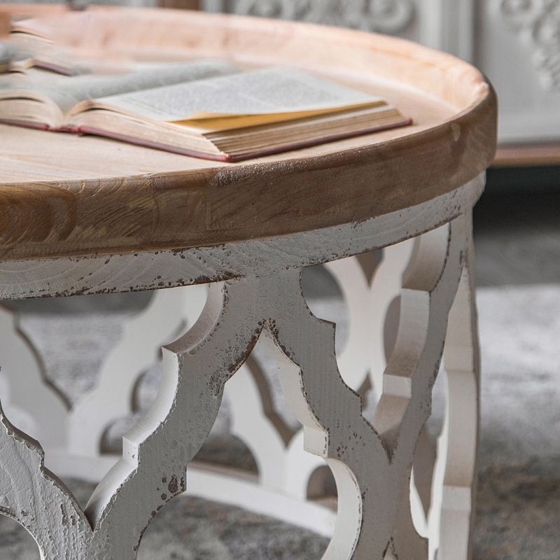 Rustic Drum Side Table Solid Wood Sofa Side Accent Table in Distressed White