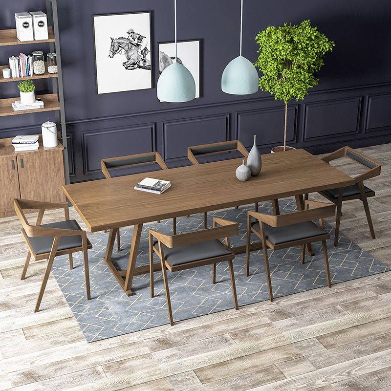 Rectangle Trestle Base Modern Dining Table Wood Color Fixed Table with Solid Wood