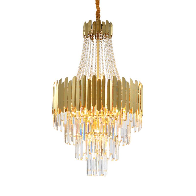 Simplicity Tiered Chandelier Lamp 10 Bulbs Clear Crystal Hanging Light Fixture in Gold with Cone Design