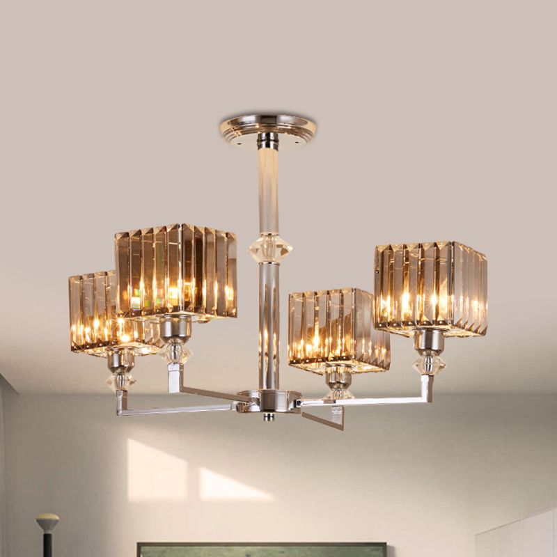 4/6 cabezas Semi Flush Mount Candelier Luz de techo de dormitorio moderno con sombra de cristal cuboide en cromo