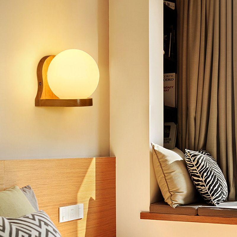 5.5" H Single Bulb Simplicity Wall Mount Light Nordic Style Glass Globe Sconce Light with Solid Wood Base