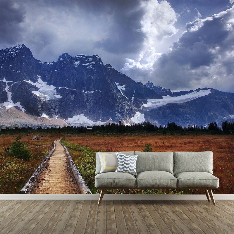 Blue Pathway Scene Wallpaper Mural Snow Melting Mountain Modern Washable Wall Covering