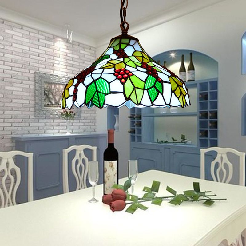 Grapes Drop Lamp 1 Light Stained Glass Tiffany Style Suspension Lighting Fixture in Green