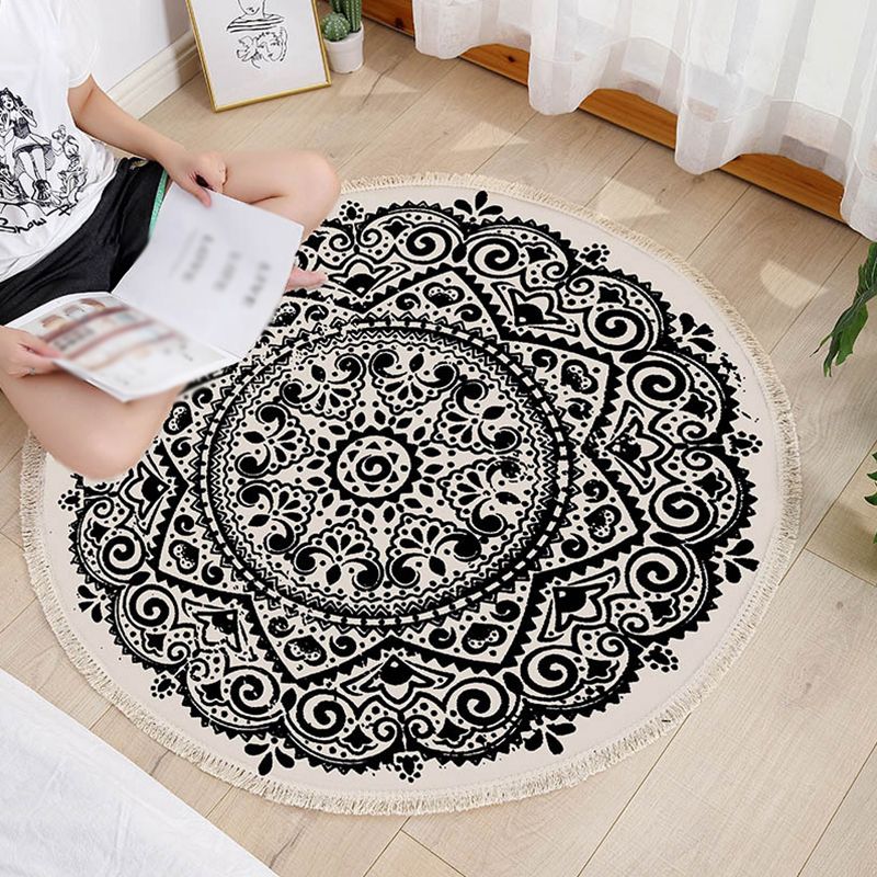 Round Tribal Print Carpet Cotton Persian Indoor Rug Non-Slip Backing Area Rug for Living Room