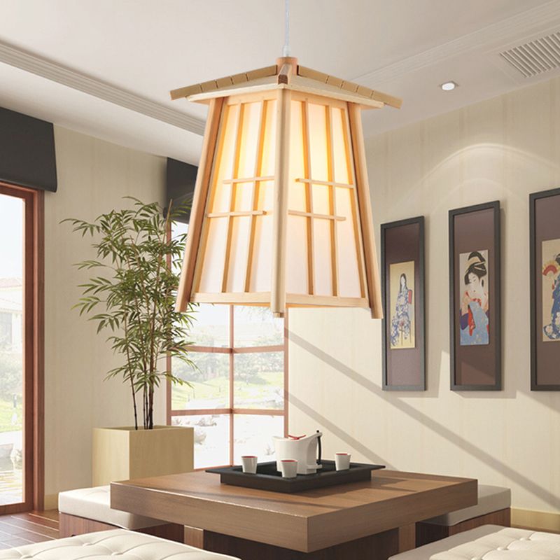 Beige Tower Pendant Lighting Japanese 1 Head Wood Ceiling Suspension Lamp for Restaurant