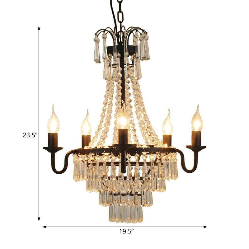 5 Lights Crystal Empire Chandelier Light Country Black Exposed Bulb Living Room Pendant Lighting