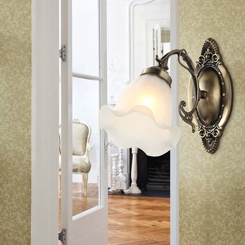 1/2-Bulb Opal Frosted Glass Wall Lamp Countryside Bronze Flower Living Room Wall Lighting Ideas