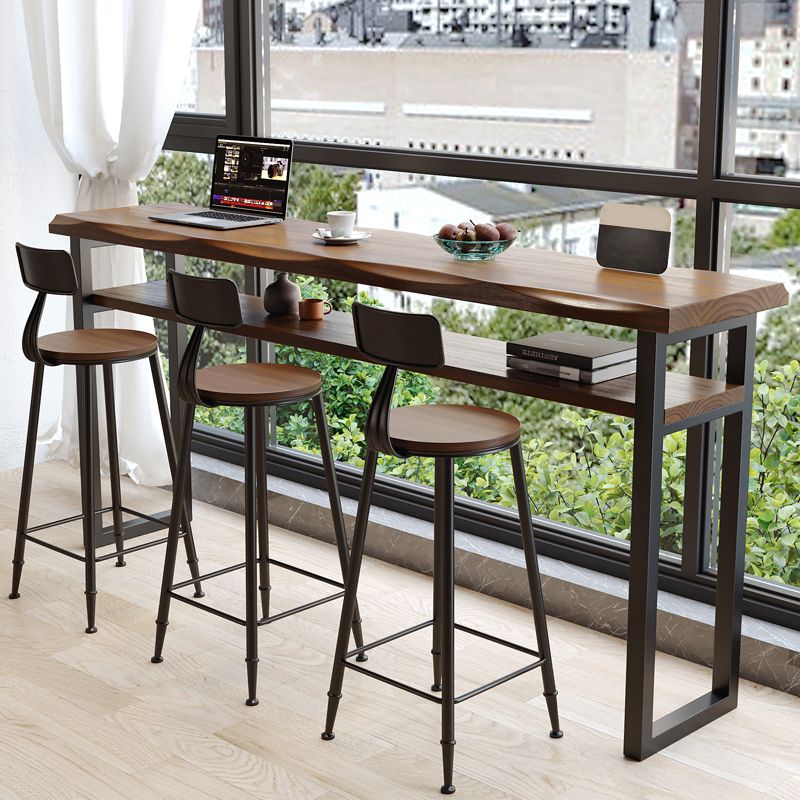 Wooden Bistro Bar Table Rectangle Metal Base Bar Table with Storage