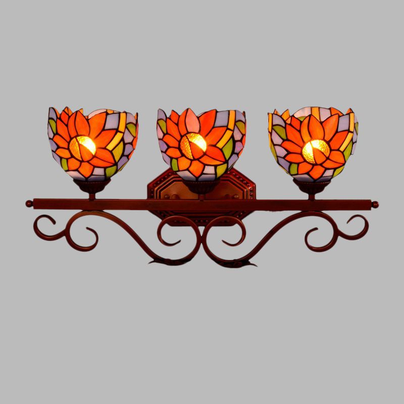 3 Lights Wall Lighting Fixture Tiffany Dome Sunflower-Pattern Stained Glass Sconce with Swirling Arm in Bronze