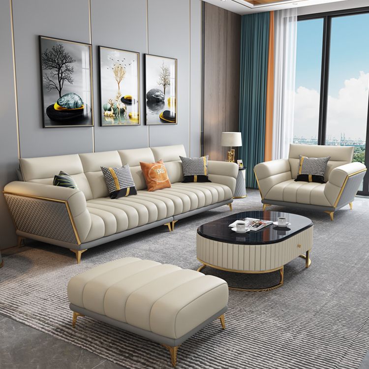 Solid Wood Glam Genuine Leather Flared Arm Sofa with Pillows
