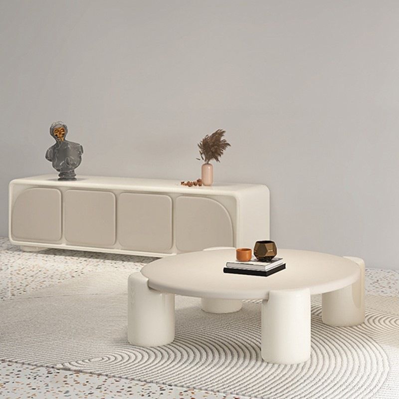 Contemporary Round Beige Coffee Table with 4 Legs Wooden Coffee Table