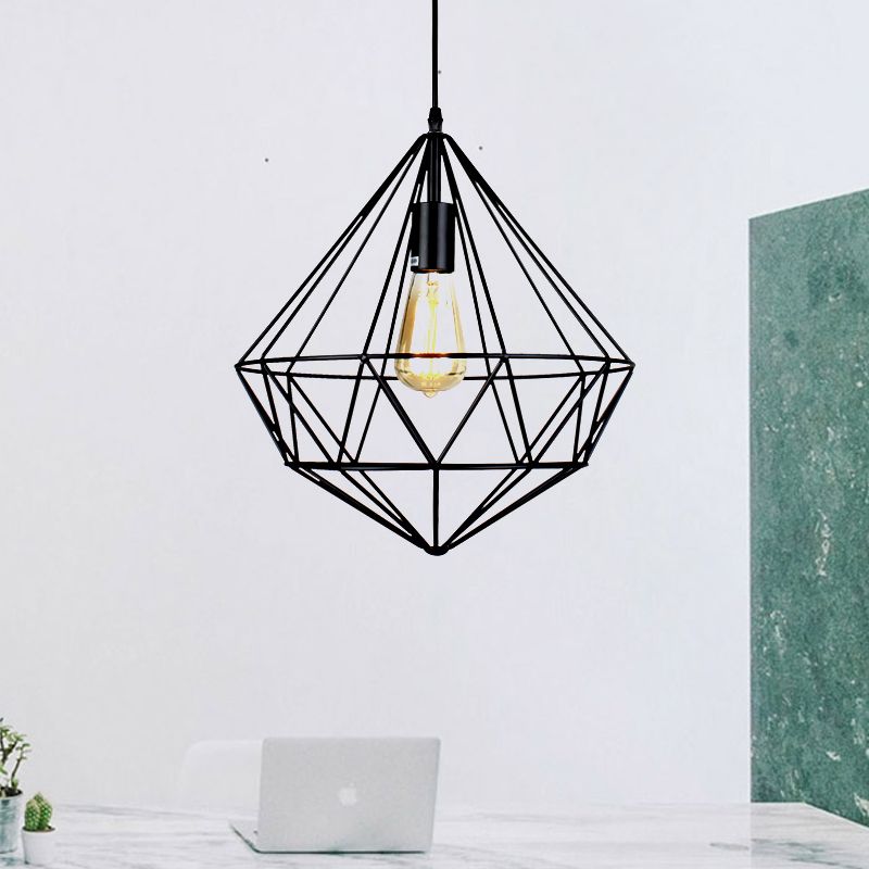 1 Bulb Ceiling Light Industrial Faceted Cage Metal Pendant Ceiling Light in Black for Living Room
