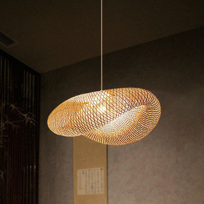 Cage Style Bamboo Pendant Ceiling Light Chinese 1 Bulb Beige Hanging Light for Tearoom