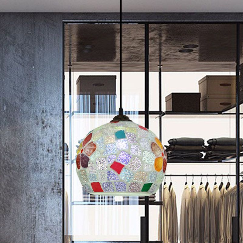 Bronze 1-Light Pendant Light Kit Baroque Stained Glass Tartan Pattern Sphere Hanging Lamp