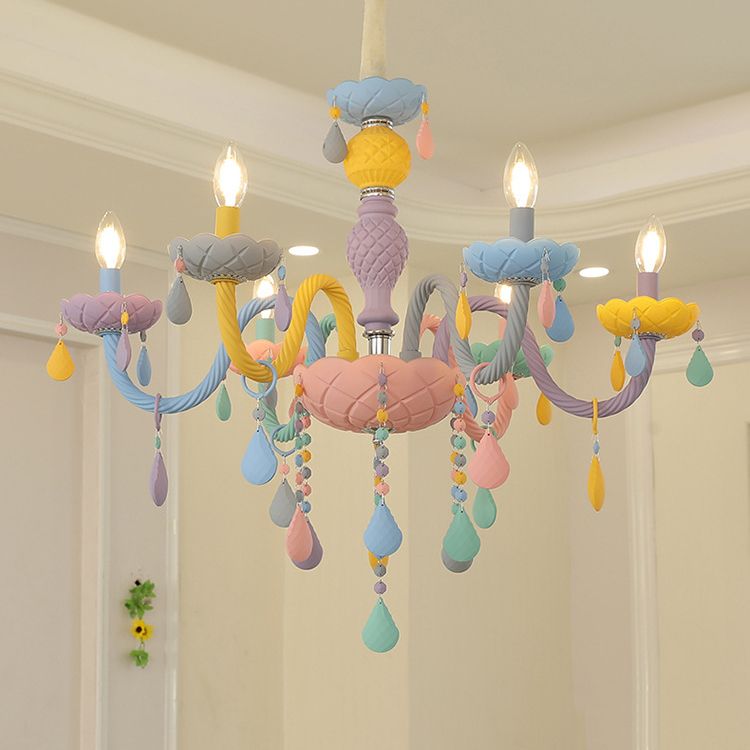 Girl Bedroom Candle Pendant Light Multi-Color Glass Macaron Chandelier
