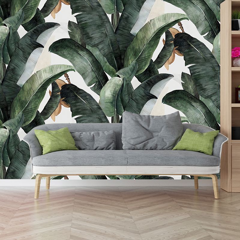 Tropical Banana Leaves Mural Wallpaper for Living Room Decoration, Green and White, Custom-Printed