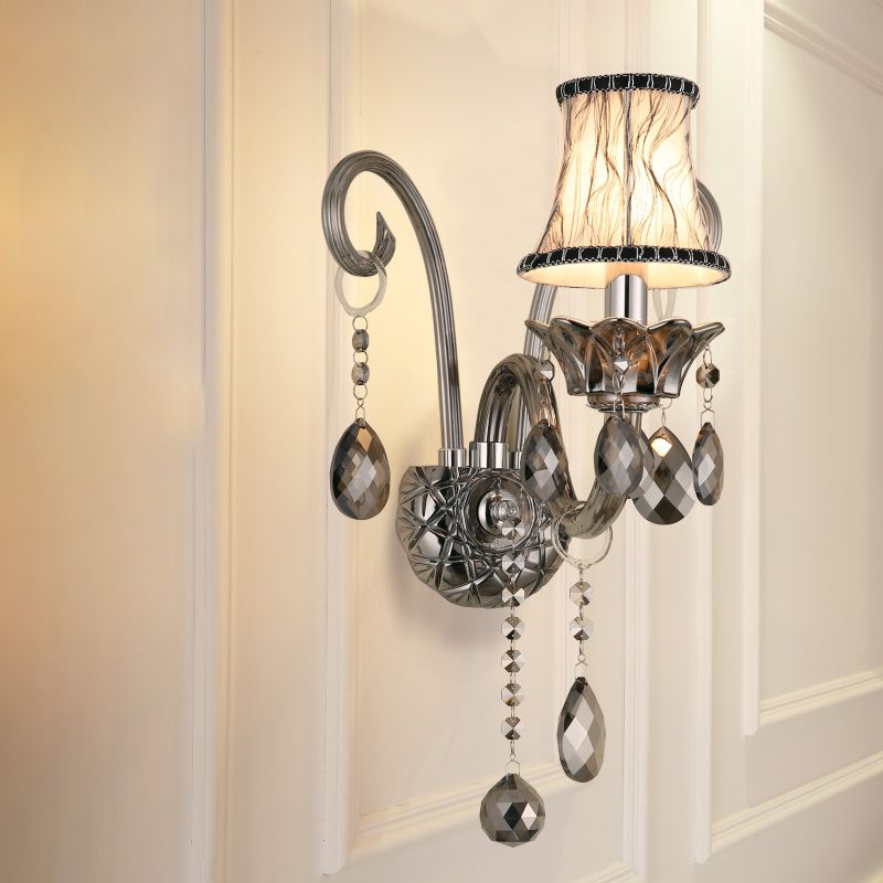 Smoke Gray Crystal Bell Sconce Retro 1/2-Bulb Living Room Wall Lamp with Fabric Shade