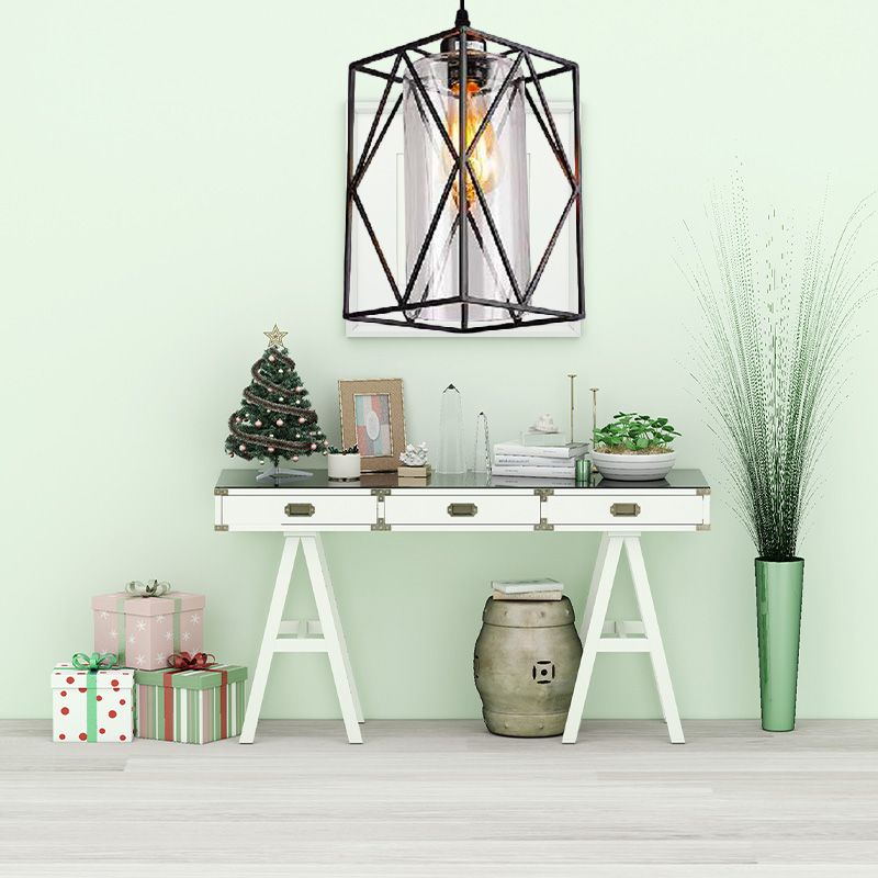 Black Cylinder Pendant Ceiling Light Farmhouse Clear Glass/Fabric 1 Light Living Room Hanging Lamp with Plug