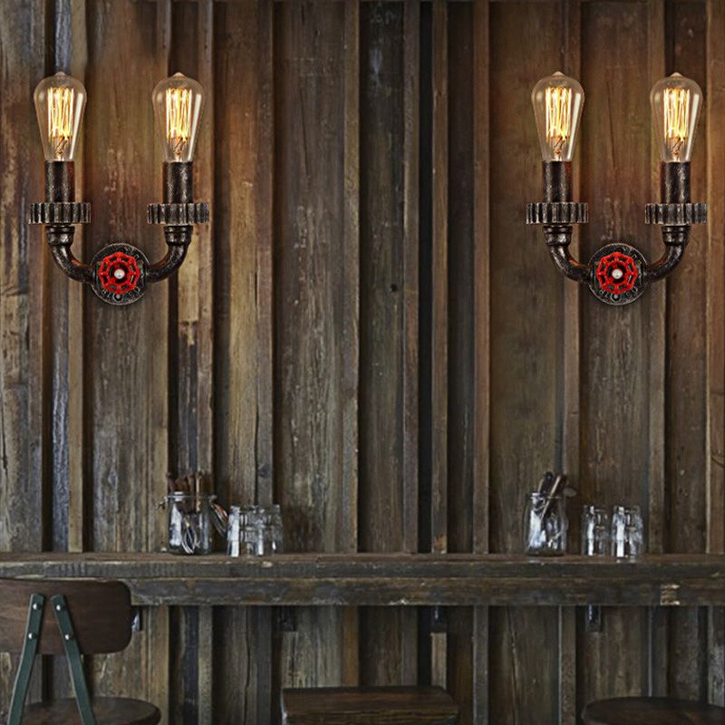 2 luces Luz de matriz de pared Vintage Iluminación de pared de hierro desnudo industrial con válvula de grifo rojo en óxido oscuro