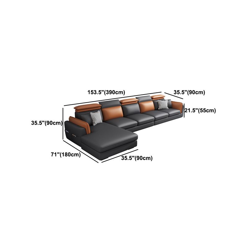 Scandinavian Dark Gray Cushion Back Faux Leather Storage Sofa & Chaise