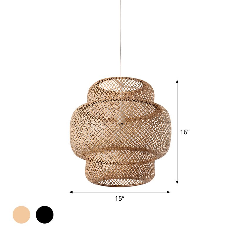 CRISS-CROSS LANTER LANTER PENDANT LANDE ASIAN BAMBOO 1 BULBE SOIX LUMIÈRE HAPPORT EN NOIR / BEIGE, 15 "/19.5" W
