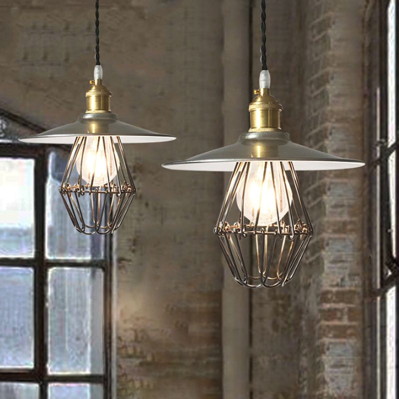 Industrial Saucer-Like Drop Pendant Single Light Metal Caged Design Hanging Ceiling Lamp in Nickel, 9"/14" Width