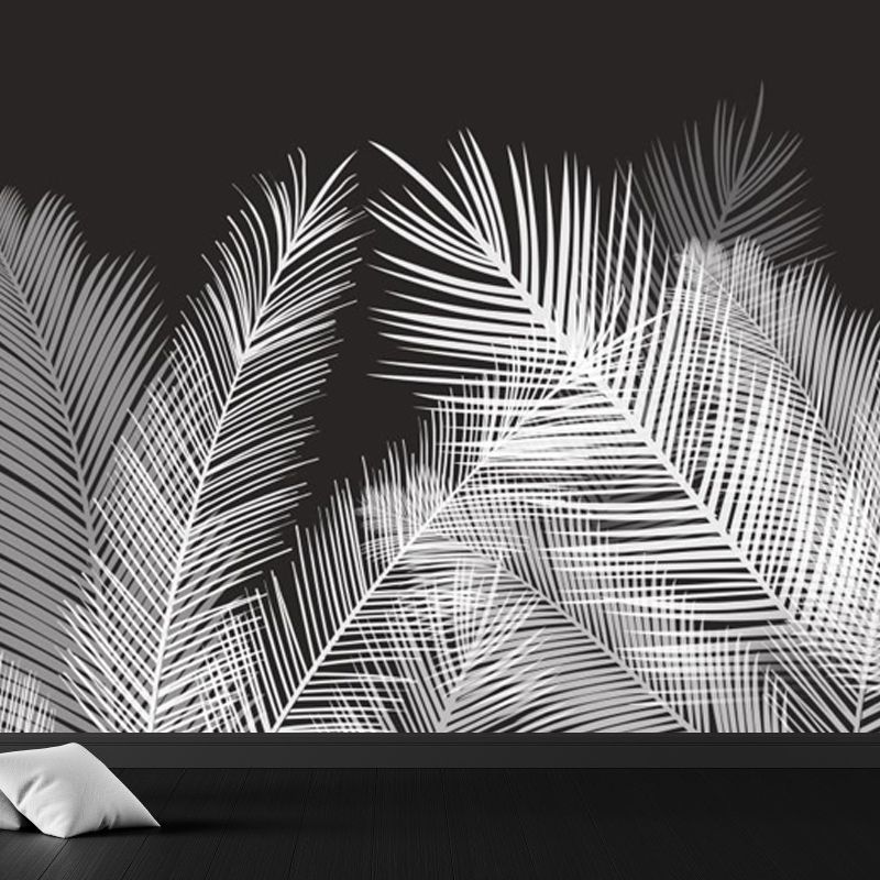 Areca Palm Leaves Mural Decal Tropix Non-Woven Cloth Wall Decor in White on Black