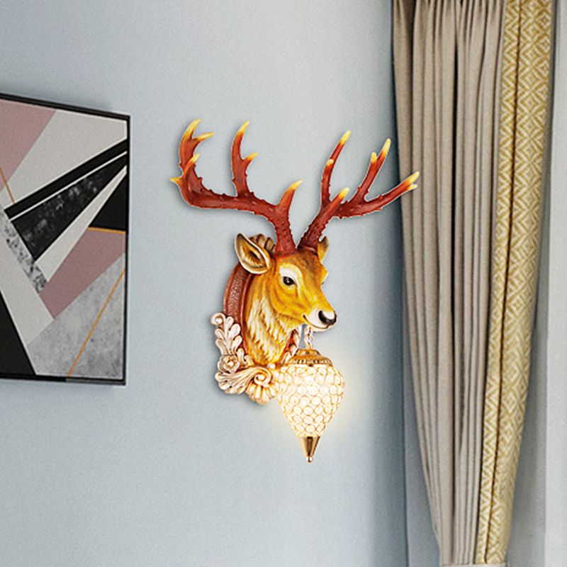 13"/26" W Single Resin Wall Light Fixture Country White/Yellow/Gold Deer Head Living Room Sconce Lamp with Teardrop Crystal Shade
