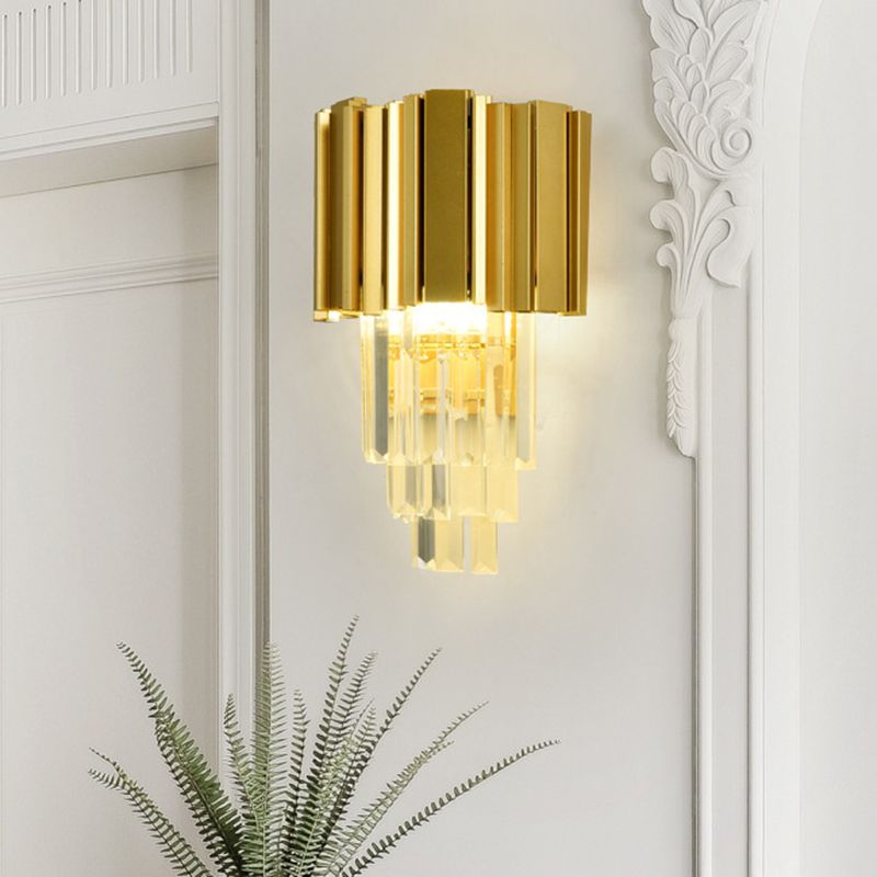 Traditionalism Tiered Wall Mount Lamp 2 Heads Clear Crystal LED Wall Sconce in Gold