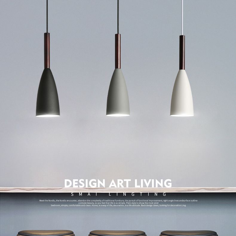 Modern Concise Macaron Pendant Light Wooden Cone Hanging Lamp with Wrought Iron Shade