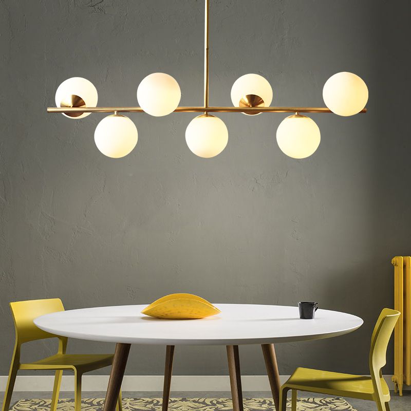 Spherical Dining Room Suspension Lamp Cream Glass 7-Head Postmodern Island Light in Gold