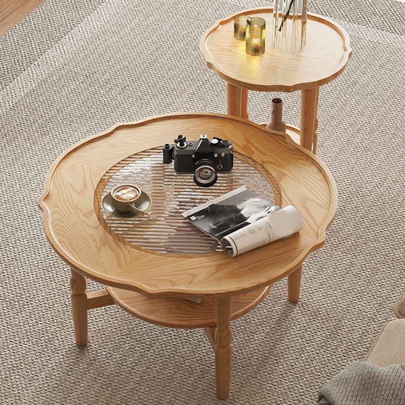 4 Legs Coffee Table No Distressing Solid Wood Coffee Table Set with Shelf