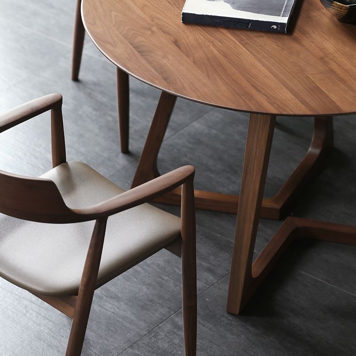 Round Contemporary Fixed Solid Wood Dining Room Table with Solid Wood Legs Kitchen Dining Set