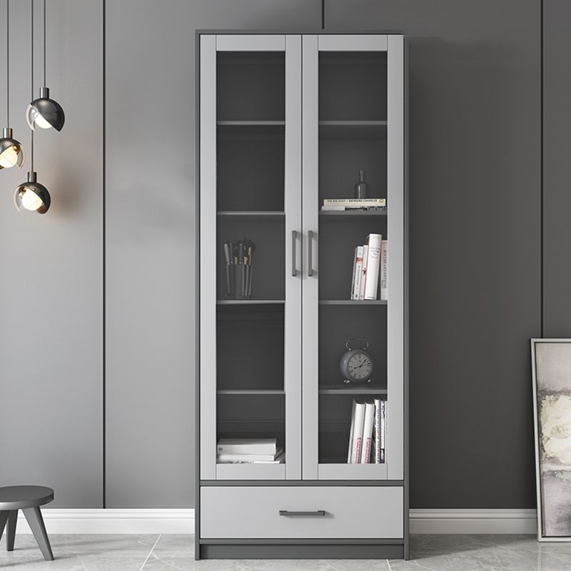 Faux Wood Modern Storage Cabinet Glass Doors Display Cabinet with Drawer for Living Room
