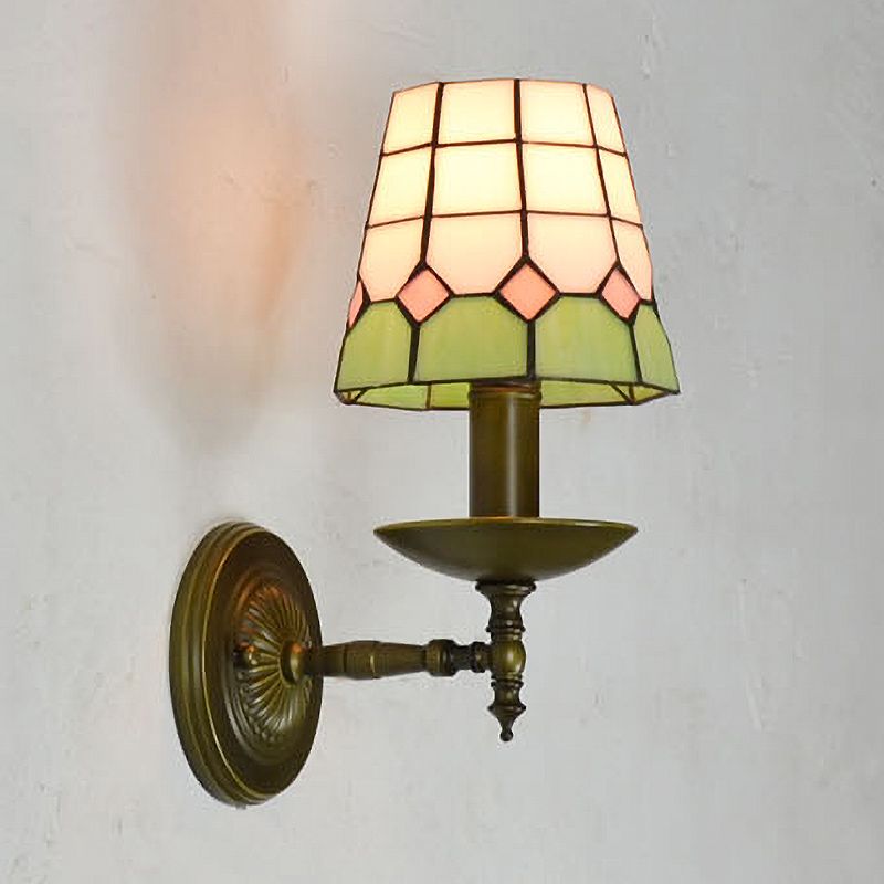 Tiffany Grid Patterned Wall Lighting Fixture 1 Light Hand Cut Glass Sconce Light in Orange/Blue/Green