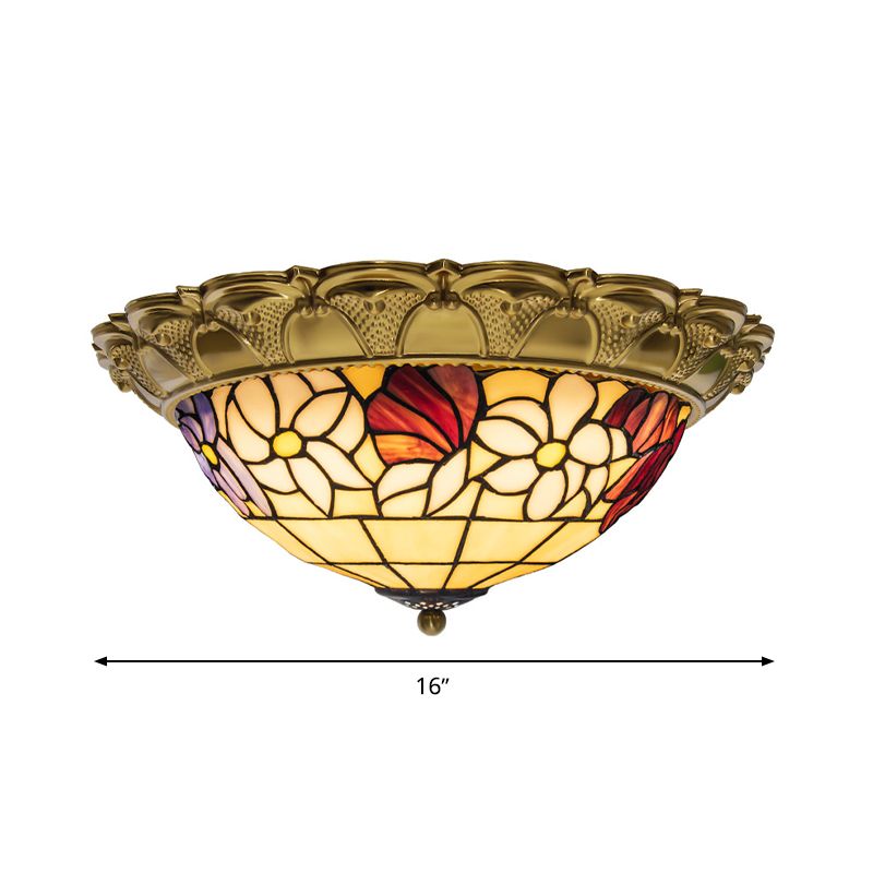 15"/16"/19,5" breite LED-Deckenleuchte aus Messing mit mediterraner Buntglas-Blumen-Einbauleuchte