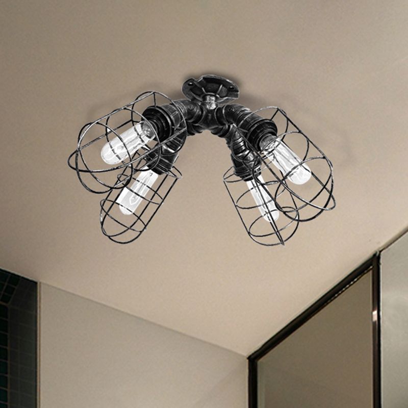 Plafonnier semi-encastré pour chambre à coucher en cage, fer industriel rustique, 4 ampoules, plafonnier en Bronze/argent vieilli avec Design de tuyau